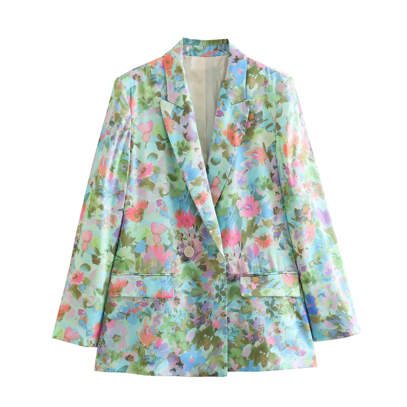 Double breasted long sleeve floral print multi color notched collar casual blazer for women