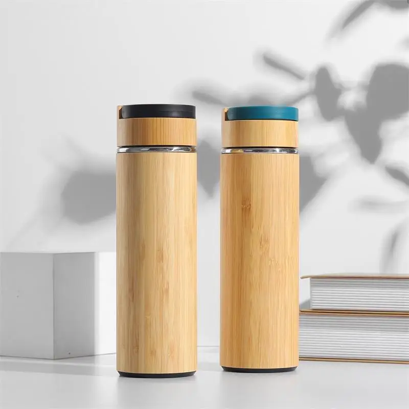 Wholesale Portable Cover Bamboo Shell Eco Bottle Insulation Stainless Steel Vacuum Bamboo Thermos Flasks with Optional Lid