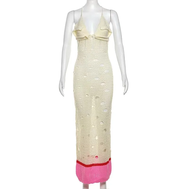 2024 Handmade Women Sexy Crochet Beach Dress Vacation Outfits See Through Hollow Knit Backless Maxi Dresses Summer Clothes
