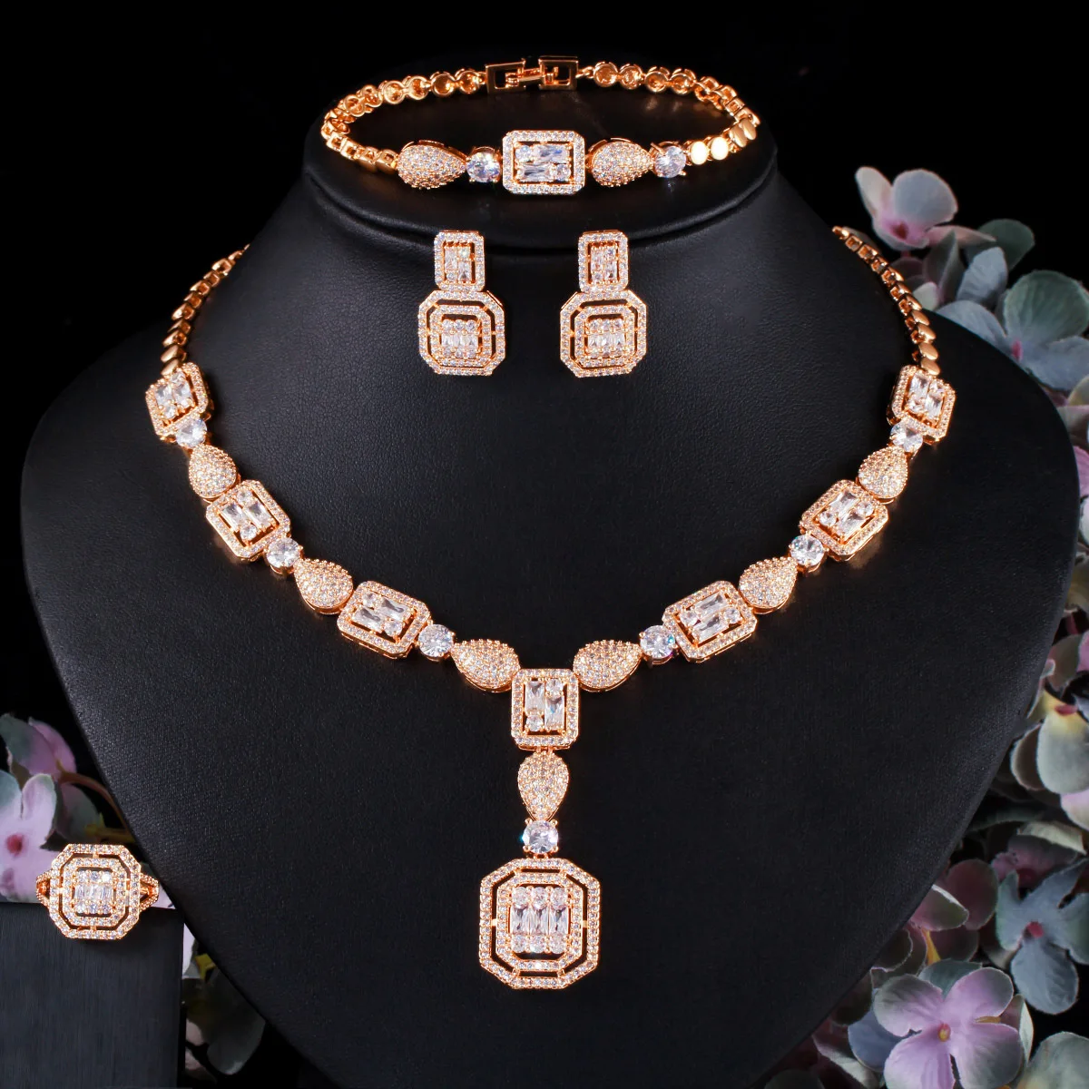 Luxury Dubai Bridal Jewelry Set Full Jewelry Sets Cz Crystal Bridal Zirconia Brass Vintage Wedding Party for Women White Zircon