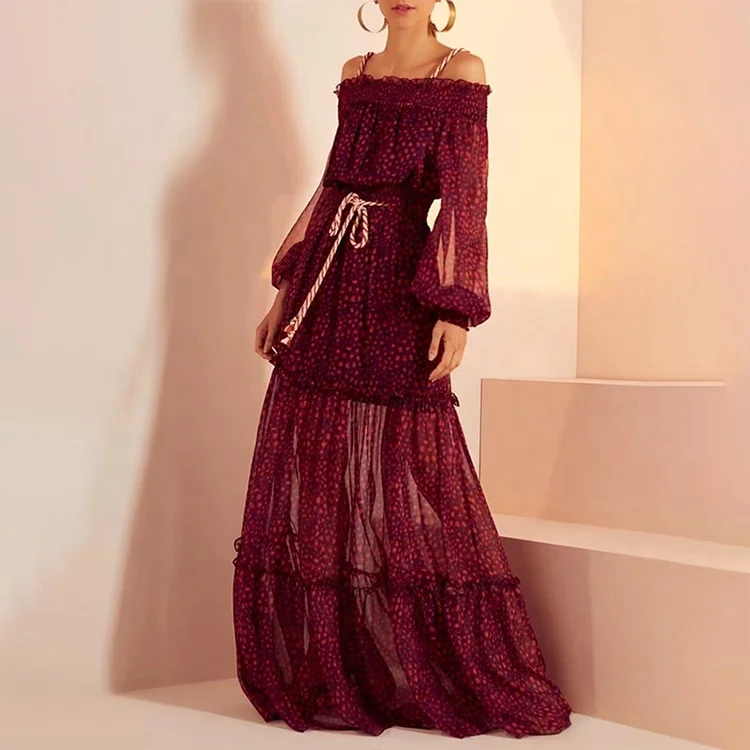 2022 Summer Korean Polka Dot Skirt Suit One-Shoulder Lantern Sleeve Chiffon Shirt and High Waist Long Swing Dress