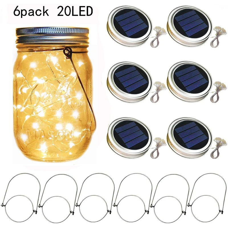 Copper wire lamp string 2m 20 led glass solar light solar light led mason jar lamps lids with handle