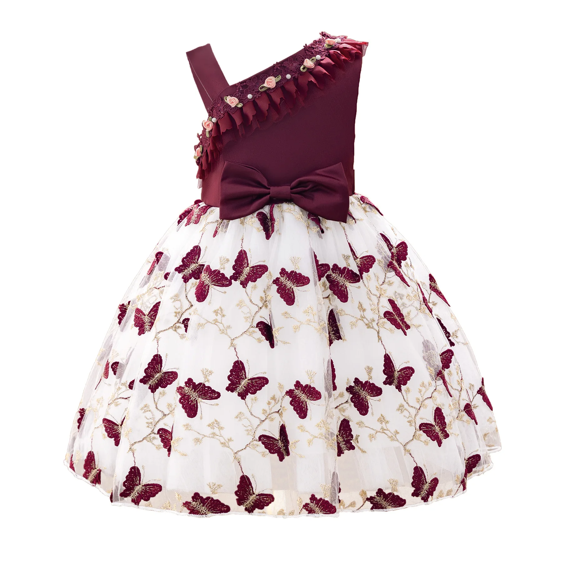 Elegant One-Shoulder Butterfly Embroidered Princess Dress for Girls Perfect for Weddings & Special Occasions