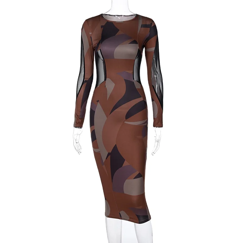 2021 spring popular new irregular printing splicing long sleeve dress wholesale women Fashion Plus Size Casual Dresses