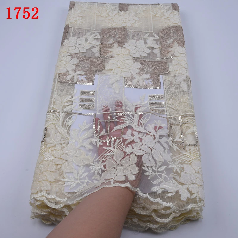 French Lace Crystal Beaded Fabric Green Pearl Beads Embroidery Designs African Sequins Tulle Lace Fabrics 5 yard 1752