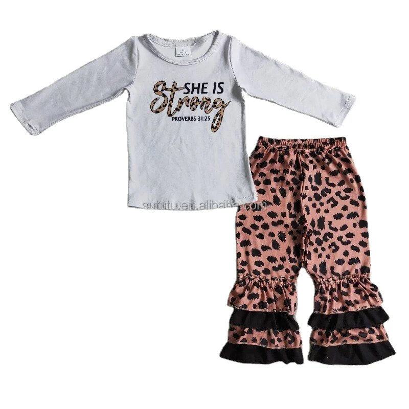 baby clothes set girl white letter long sleeve print and cheetah ruffles pant 2 pcs kids clothing autumn children clothes