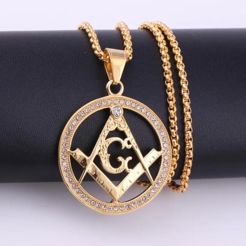 2020 Hip hop jewelry full rhinestones Masonic charm necklace wholesale gold chain necklace for man