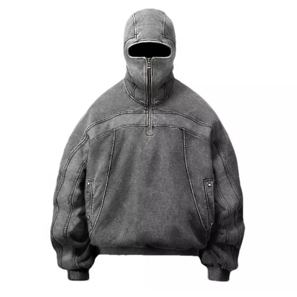 Manufacturer ninja masked vintage blanks 500gsm heavyweight custom men stone acid wash full face zip up hoodie with eye hole