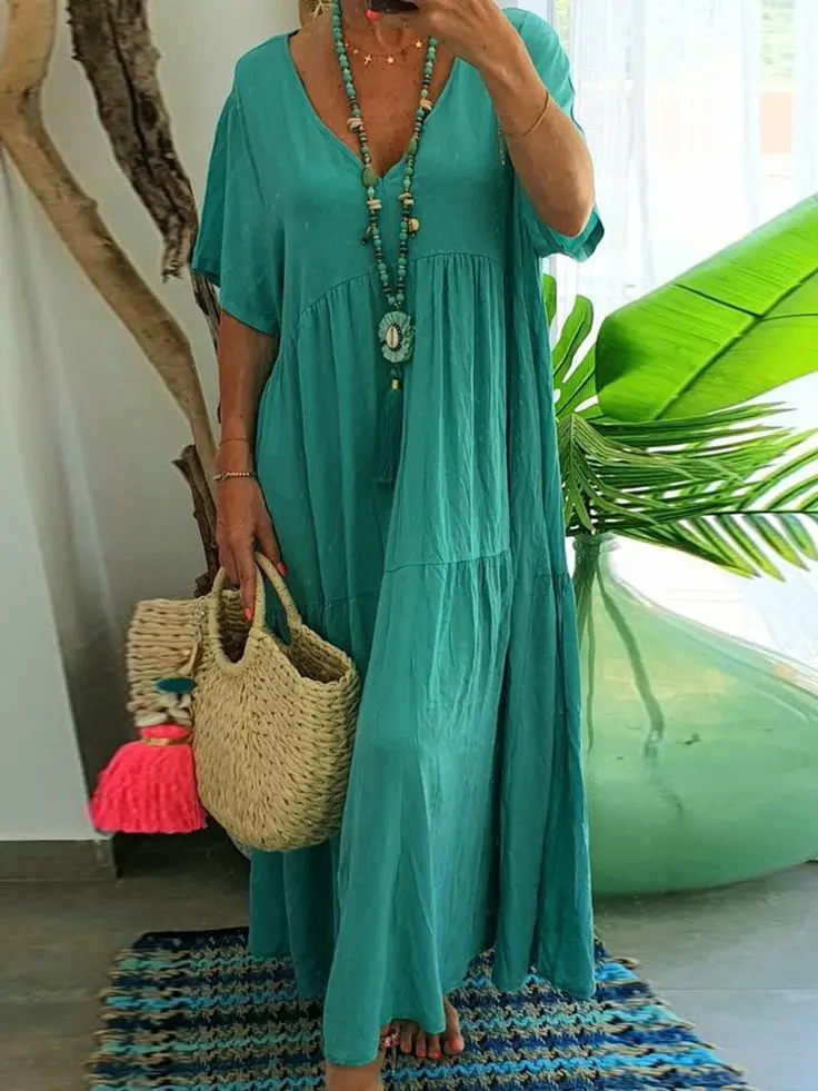 Women Cotton Linen Loose Long Maxi Dress Summer V-neck Short Sleeve Solid Oversized Dresses Plus Size S-5xl