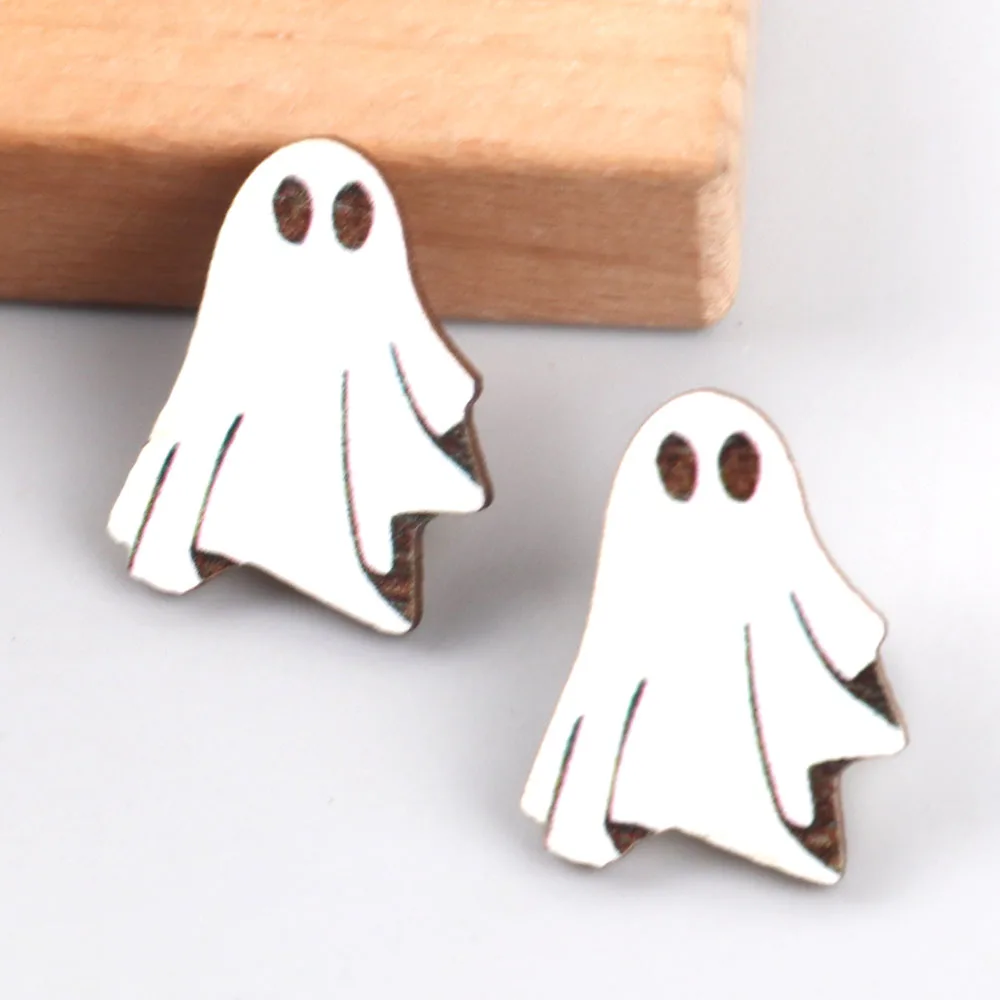 Wholesale 2024 New Cute Ghost Skeletons Party Jewelry Printed Simple Spooky Wooden Stud Earrings for Women Girls Halloween