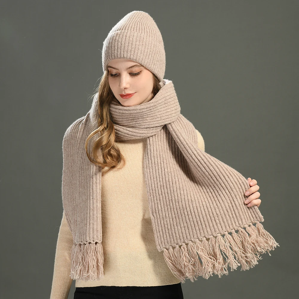 Модные уличные толстые теплые полосатые шерстяные вязаные шапочки длинные шарфы Роскошные оптовая продажа женские зимние шапки и комплект
