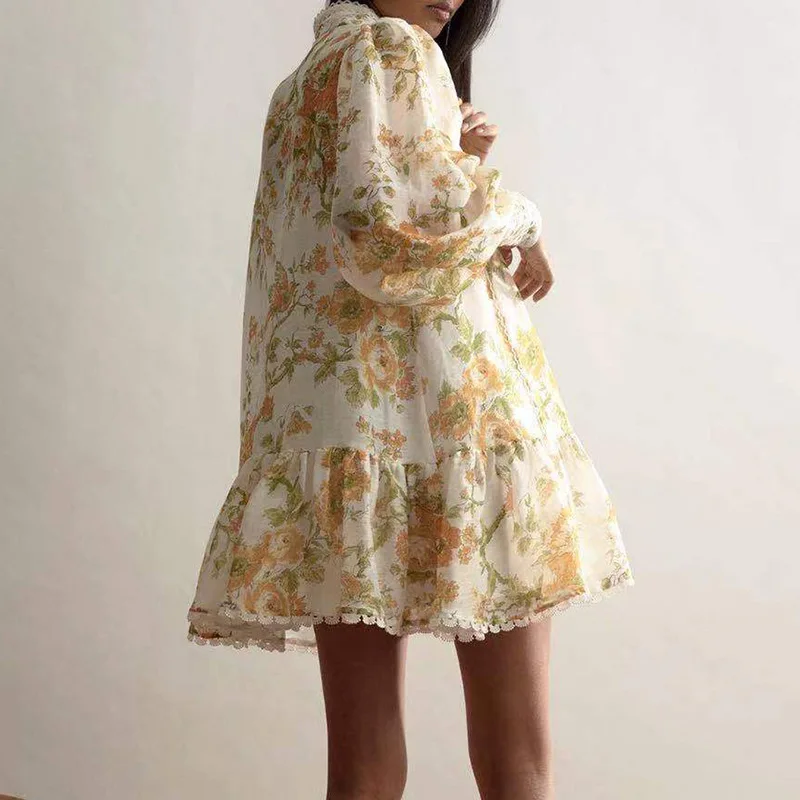 New Arrival Womens Long Sleeve Floral Print Belted Female Floral One Piece Dress Tulle Stand Collar Shirt Mini Dress