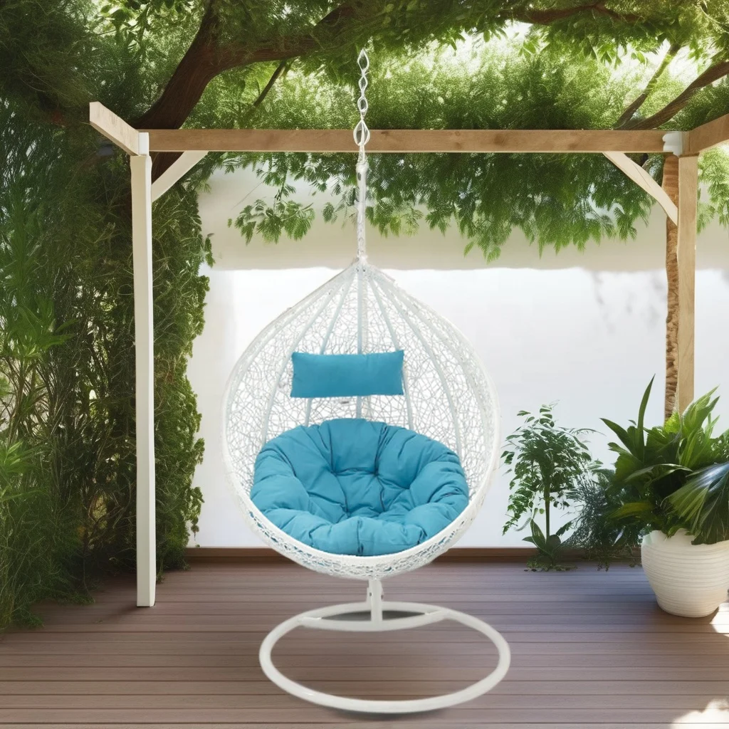 Outdoors Rattan Egg Chair, Blue and White