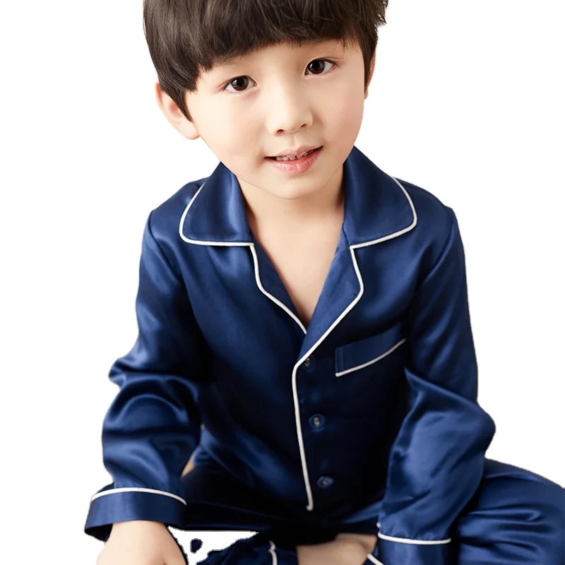 
Amazon Hot Sale 100% Natural Silk Toddler Children Boys Pajamas Sets Baby Kids Luxury Silk pajamas Summer Long Sleeve 