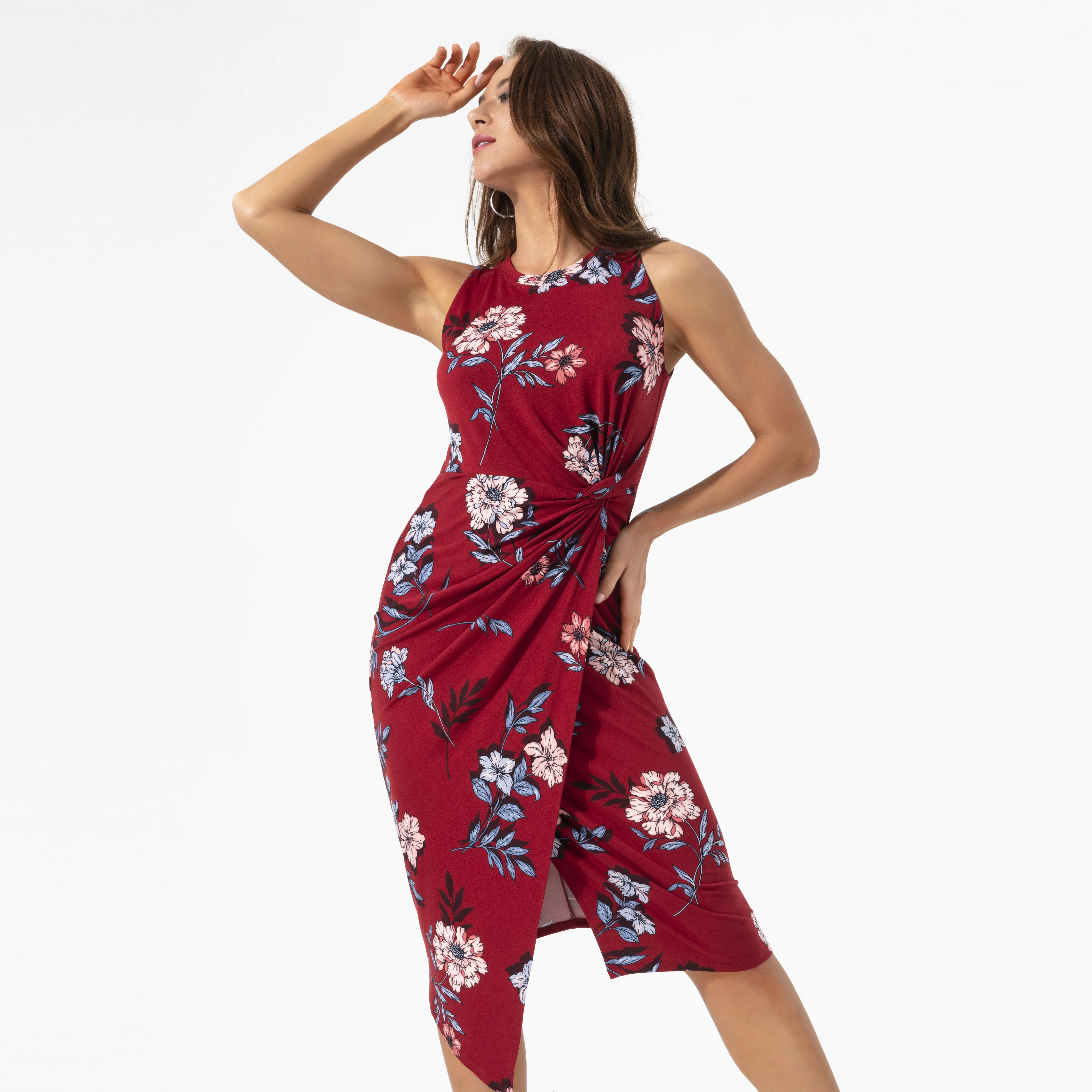 Women Summer Printed Round Neck Sleeveless Sexy Casual Waist Knot Wrap Midi Knitted Fitted Dresses Casual For Women