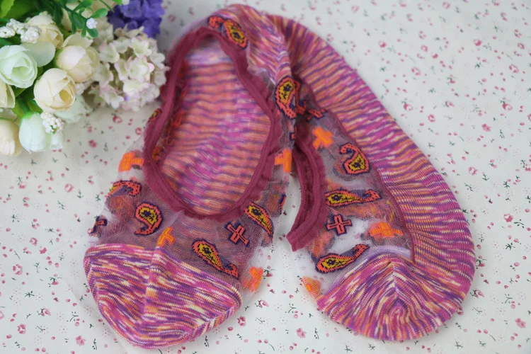 Womens No show Socks Low Cut Girls Lace Thin Nylon Mesh Socks Floral Patterned Fishnet Short Sock