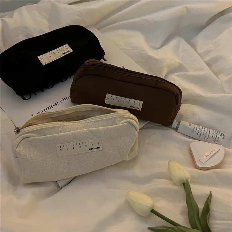 Simple Casual Ruler Solid Color Pen Bag Kids School Pencil Bag Wholesale Gift Cheap Small Students Canvas Stationery Storage Bag