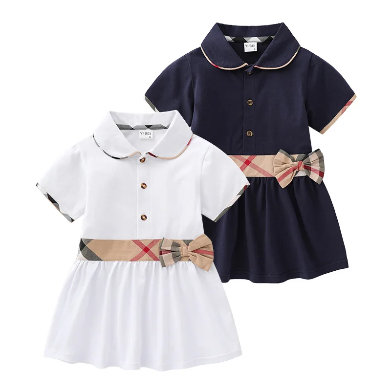 Summer 100% cotton princess Baby Girl Dresses Children Clothing Lapel collegiate skirt short sleeve knitted girls dress