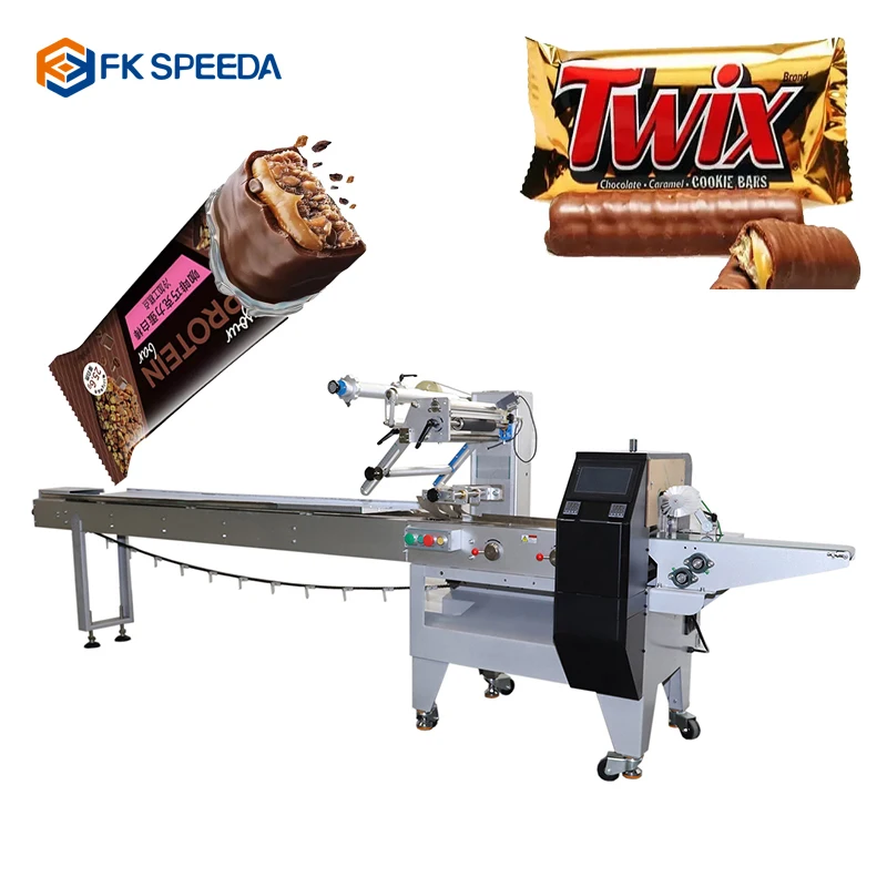 Plc Control Date Automatic Horizontal Wrapper Pillow Packing Machine Cookie Cake chocolate protein bars flow wrapping machine