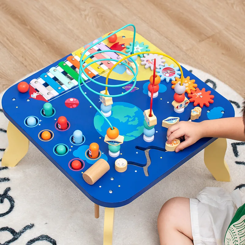 5 In 1 Multi-functional Busy Board Montessori Kids  Educational Toys Bead Maze Table Wooden Xylophone Toy Gaming Desk