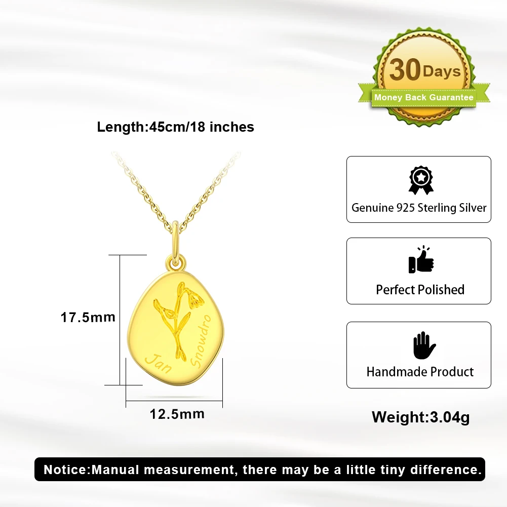 RINNTIN APN33 Custom 14K Gold Plated Sterling Silver Irregular Oval Birth Flower Pendant Necklaces for Women Jewelry
