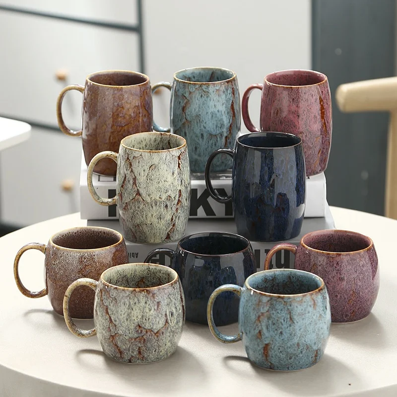 Microwave and Dishwasher Safe Creative Flowing Reactive Glaze Porcelain Wide Mouth Coffee Mugs With Handle