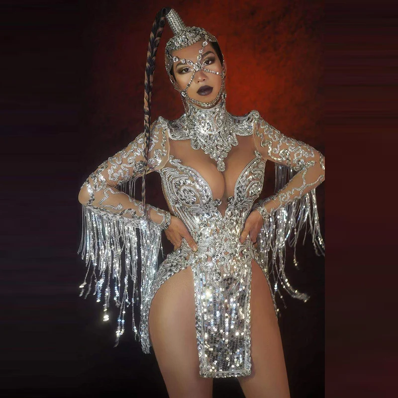 2022 luxury elegant dress clubwear Gogo Singer stage performance long sleeve tassel diamond sexy club dresses