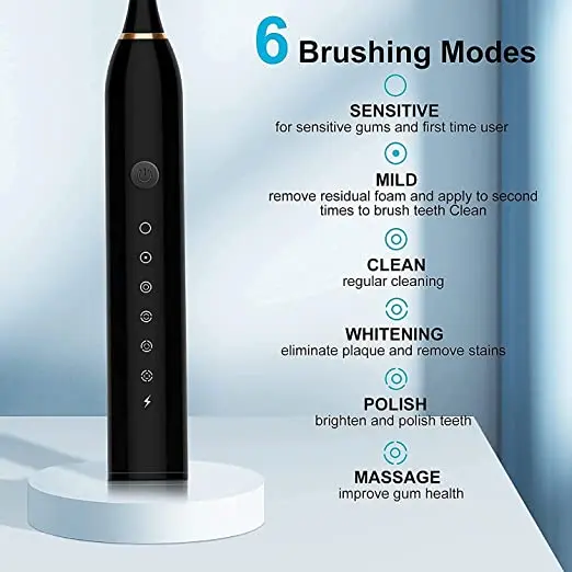 USB Rechargeable Ultrasonic Tooth Brush with 4 Brush Heads 6 Cleaning Modes and Smart Timer Waterproof Cleaning Toothbrushes