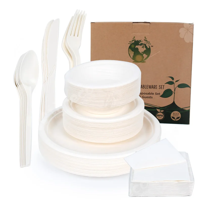 Compostable Disposable Paper Plate with tissue Utensils Set Eco Friendly Dinnerware Kit Biodegradable Plates Forks Knives Spoons