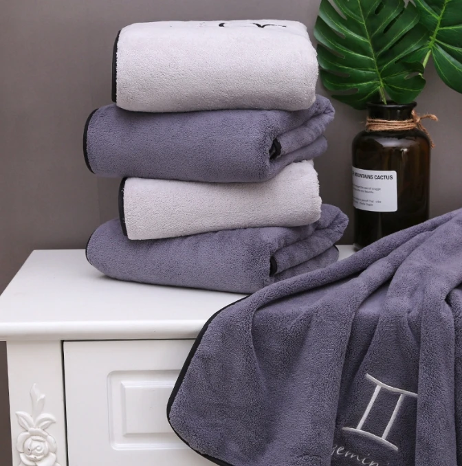 Coral fleece 12 constellations grey face bath towel sports sets with embroideriry
