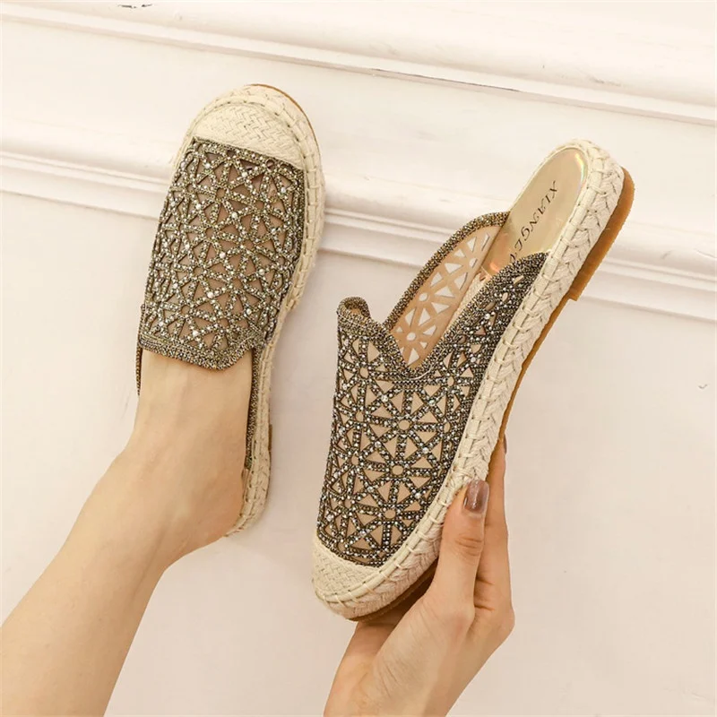 2023 New Baotou Half Sandals Women Low-heeled Lazy Slippers Rhinestones Straw Fisherman Shoes