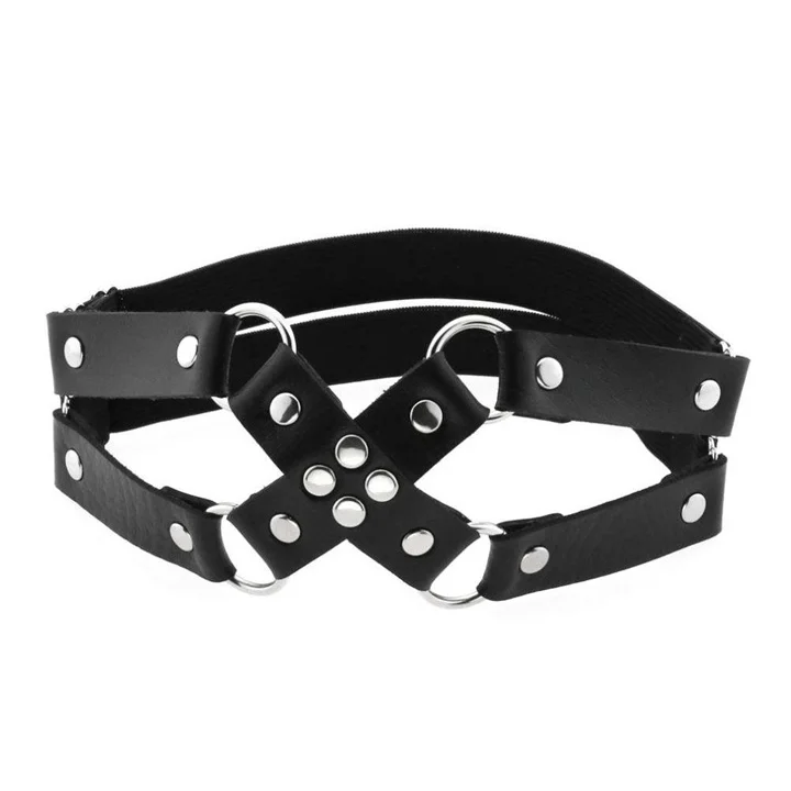 New Fashion Harajuku Punk Cross PU Leather Thigh Ring Women Sexy Gothic Rivet Elastic Double Row Garter