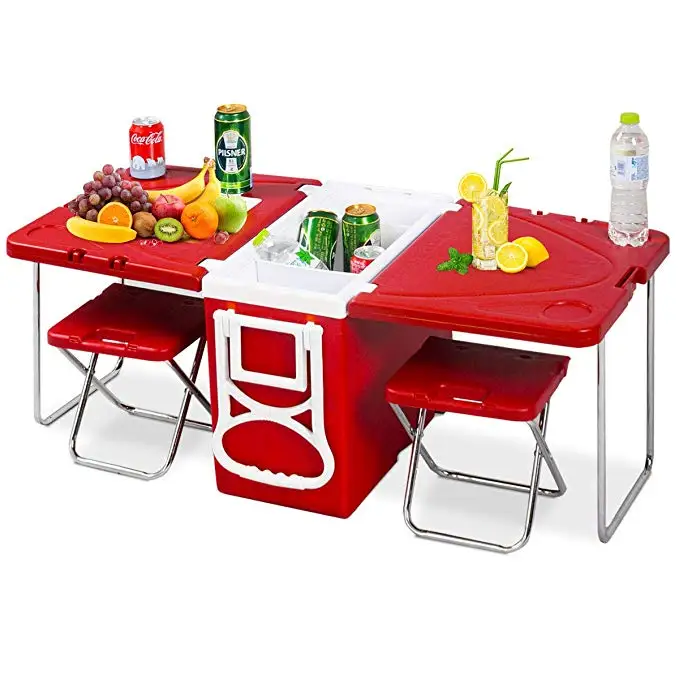 
Multi Function Rolling Cooler With Table And 2 Chairs Picnic Camping Outdoor Blue And Red 