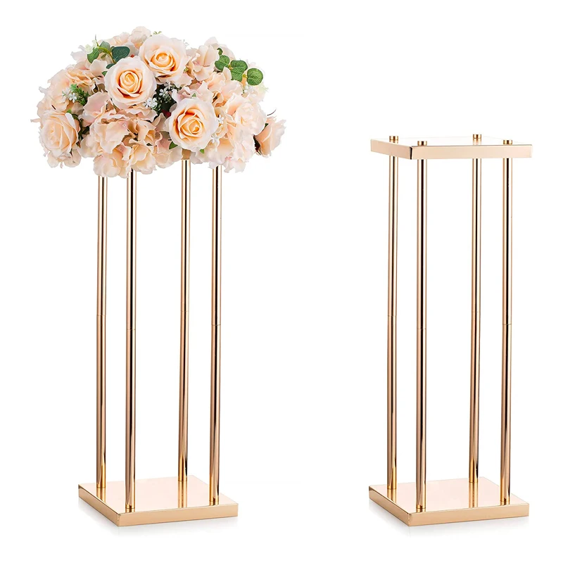 Gold Metal Tall Column Rectangular Flowers Vase Stands Wedding Candelabra Centerpieces For Wedding Party Decoration
