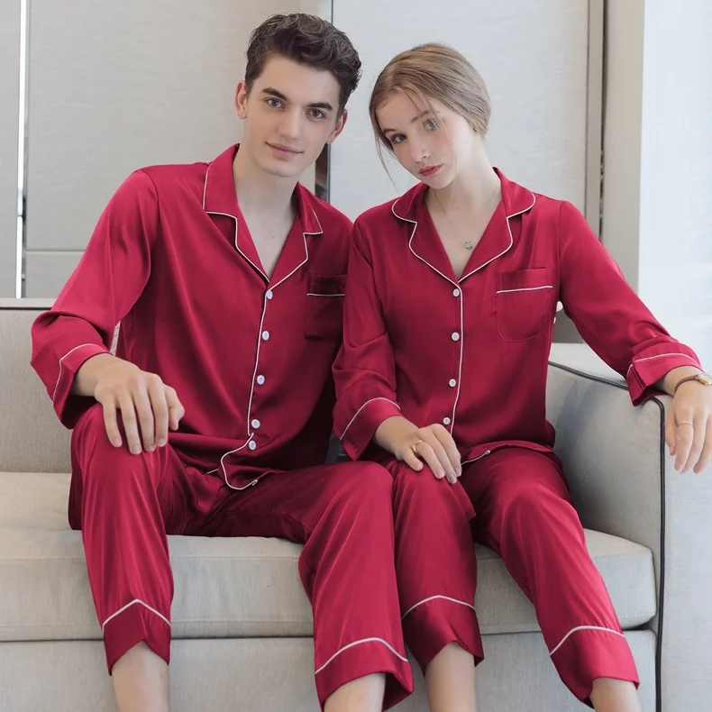 2022 new arrivals ice silk family sleepwear luxury couple Pajamas sets silk satin solid sleepwear for women and men