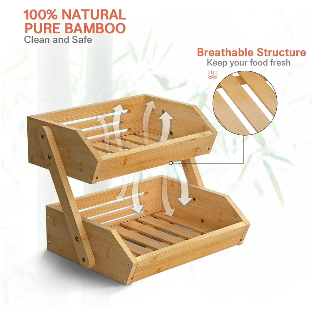 Large Bamboo Fruit Basket 2-Tier Fruit stand storage holder  fruit bowl for Kitchen Counter Kitchen Countertop Organizer