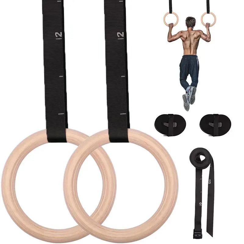 wood gymnastics rings 1500lbs 992lbs with adjustable cam buckle 14.76ft long straps