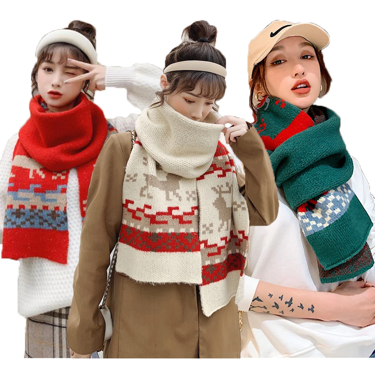 2021 autumn winter Korean new Christmas elk warm scarf women thickened long knitted