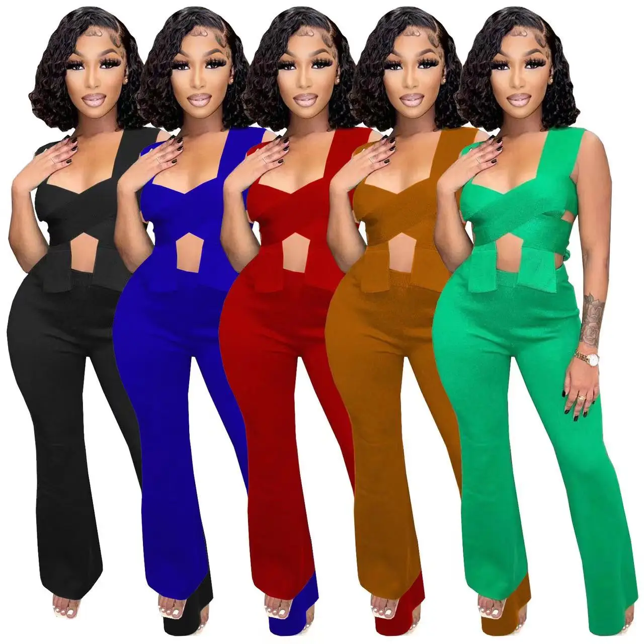 J&H 2022 new arrivals sexy sleeveless tops two piece pants set women elegance green outfits chic casual style