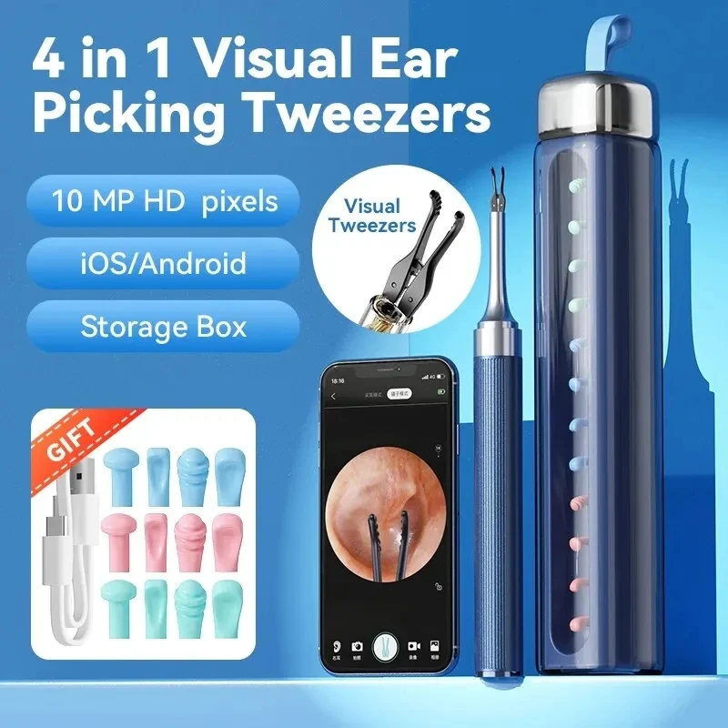 Visual Ear Wax Cleaner Endoscope 4.5mm Camera Len Ear Wax Removal 10MP HD Pixels Ear Tweezer Kit Tools