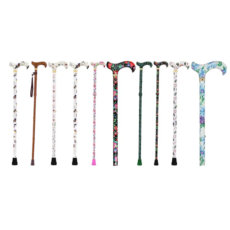 LQX Folding Cane Custom printing flat wooden handle mountaineering walking hike stick cane