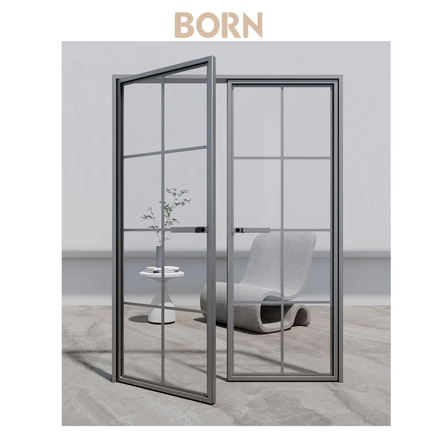 Французский простой дизайн узкая рамка алюминиевая стеклянная распашная дверь внешняя патио с сеткой для кухни/спальни