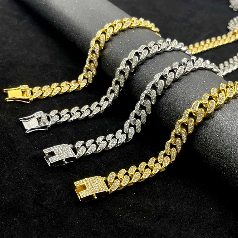 Wholesale Price Hip Hop Jewelry Sliver Gold Plated Hand Setting Rhinestone Diamond Miami Cuban Link Chain Necklace For Men