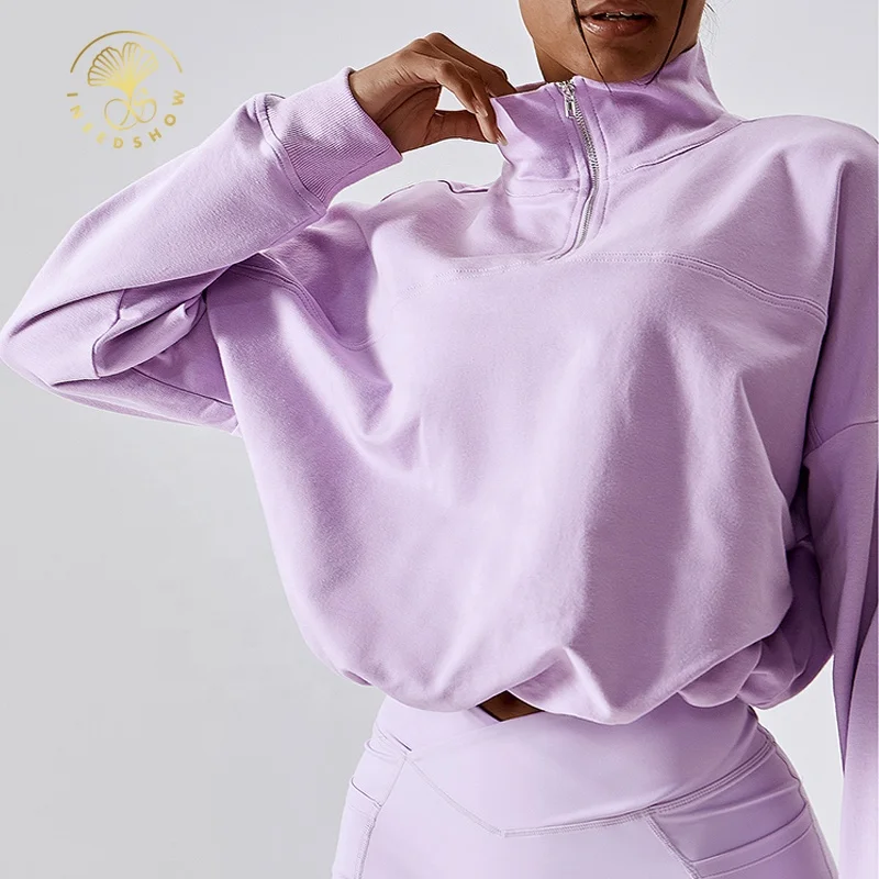 Custom Private Label Womens High Collar Blank Drop Shoulder Quarter Half Zip Oversized Hoodies Sweatshirts Wholesale For Womens