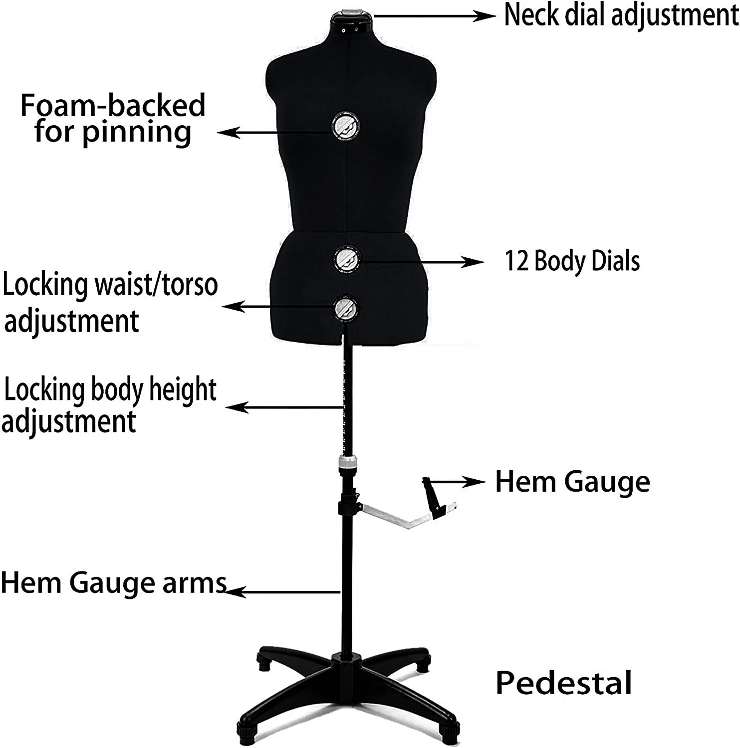 Black Large 13 Dials Female Fabric Adjustable Mannequin Body Dress Foam for Sewing