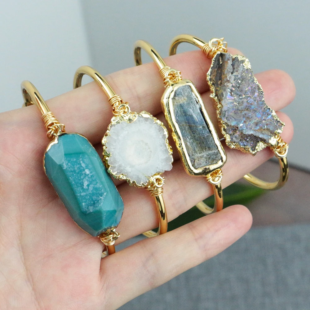 LS-D1374 Wire Wrapped Natural Solar Quartz Druzy Bangle Natural Sun Flower Bracelet Blue Kyanite Bangle