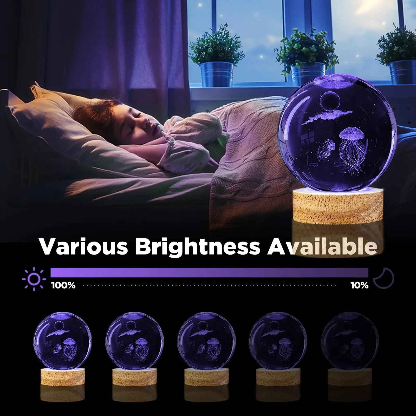 Lovely Children Birthday Gift 80mm Crystal Ball With 3D Laser Engraved Jellyfish With Led Base For Room Night Light