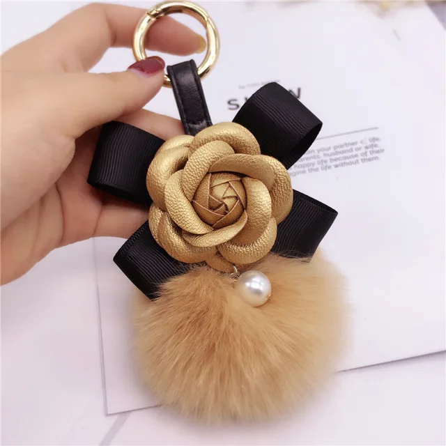 New Korean Style Bow Camellia Key Holder Pendant Flower Shape Keyrings with Fox Fur Ball (KC296C)