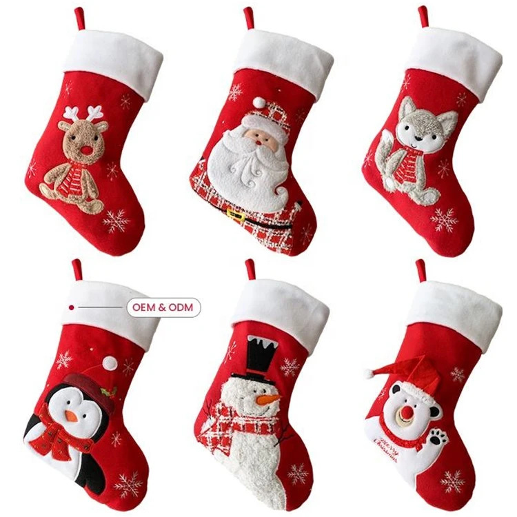 Wholesale Christmas Decoration Embroidered Christmas Stocking Red Santa Claus Reindeer Embroidered Christmas Stocking