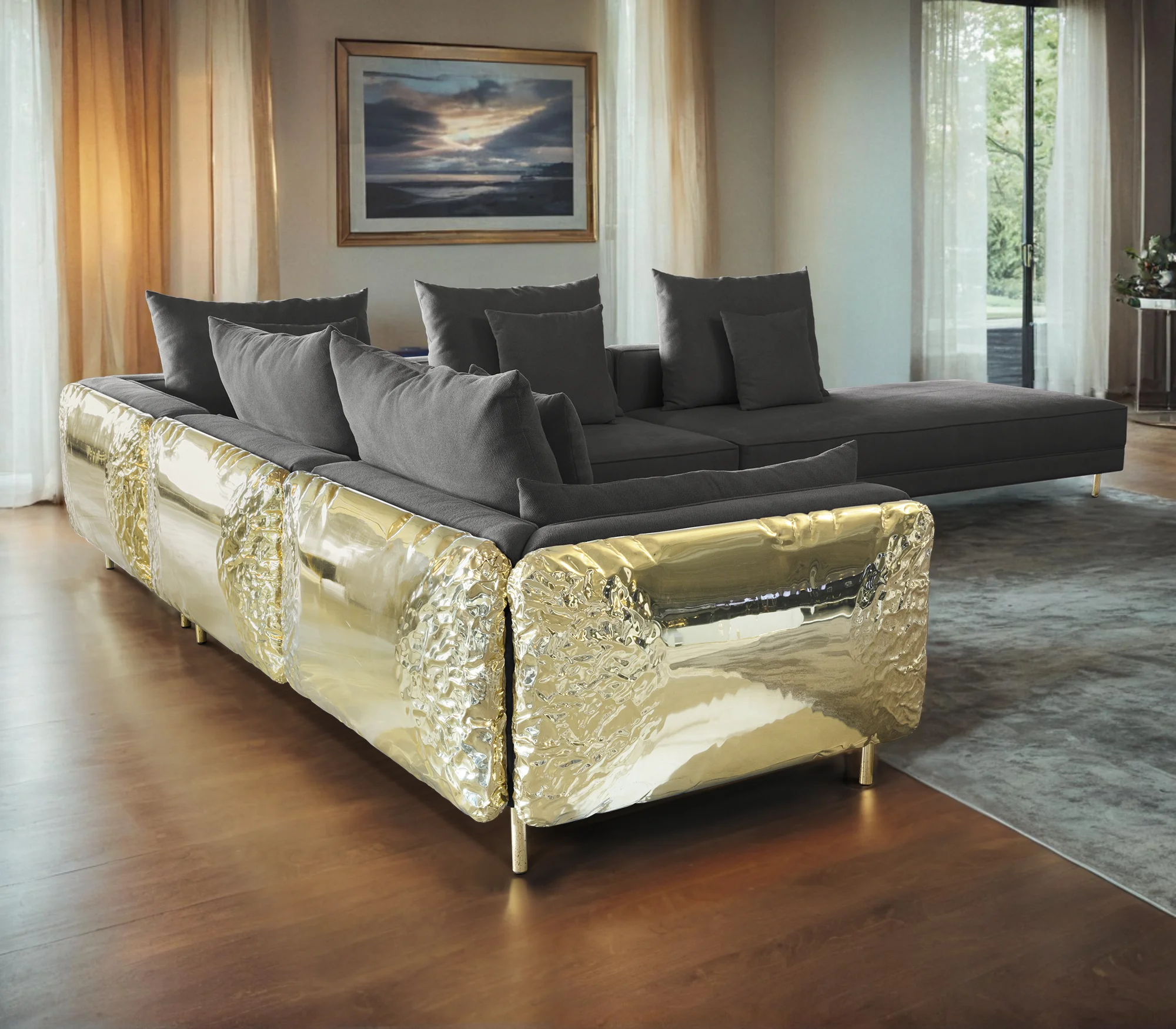 Home Sofa Furniture Luxury Fabric Living Room Couch Sets  L Shape pure copper  Corner Sofa